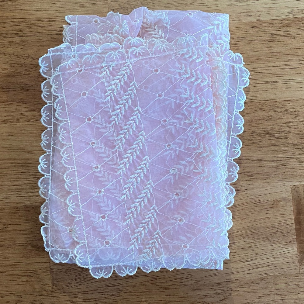 Vintage Set of Pink Lace Fabric with White Embroidery